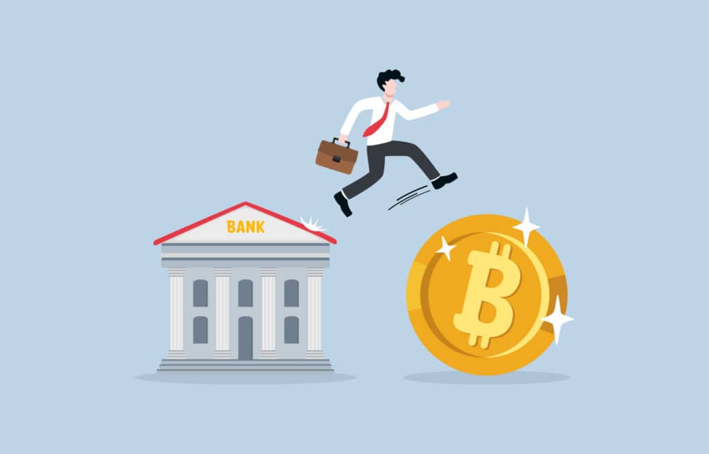 Man running from bank to cryptocurrency coin