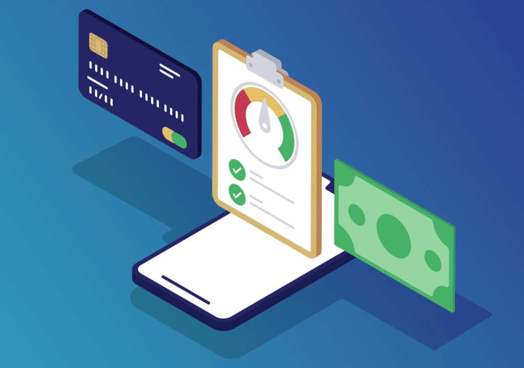 illustrated credit risk credit score graphic with dollar and credit card