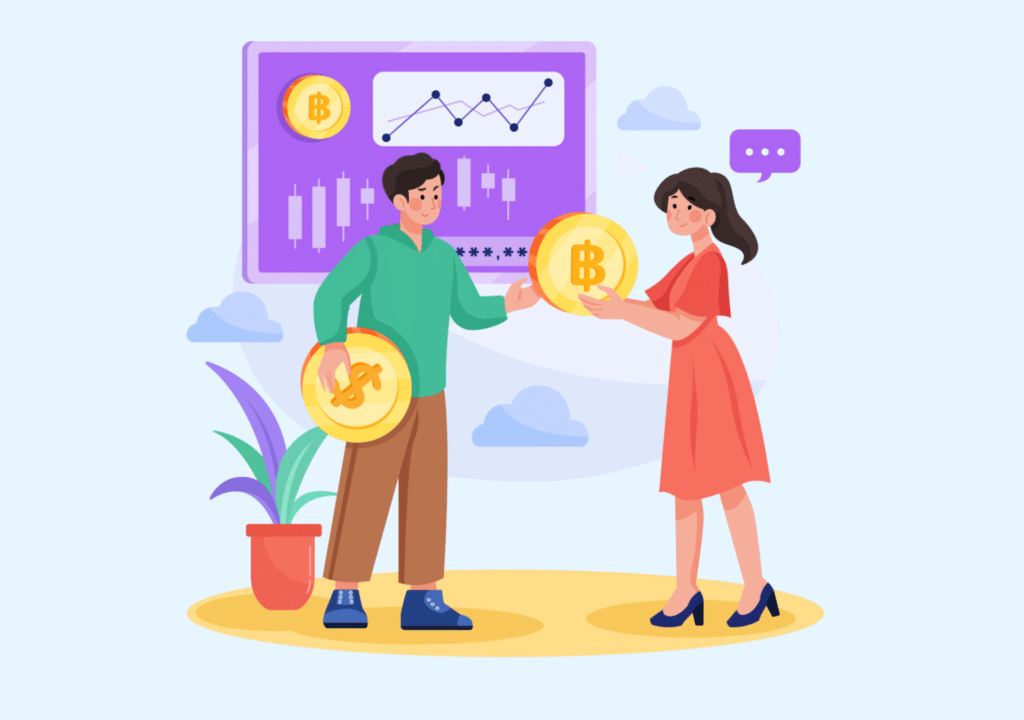 man and woman exchanging profitable crypto bitcoin in mining pool