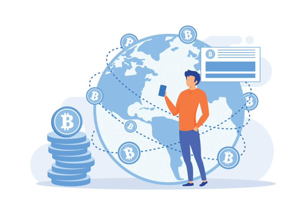 decentralized bitcoin orbiting an illustration of earth with a man in front holding a cell phone