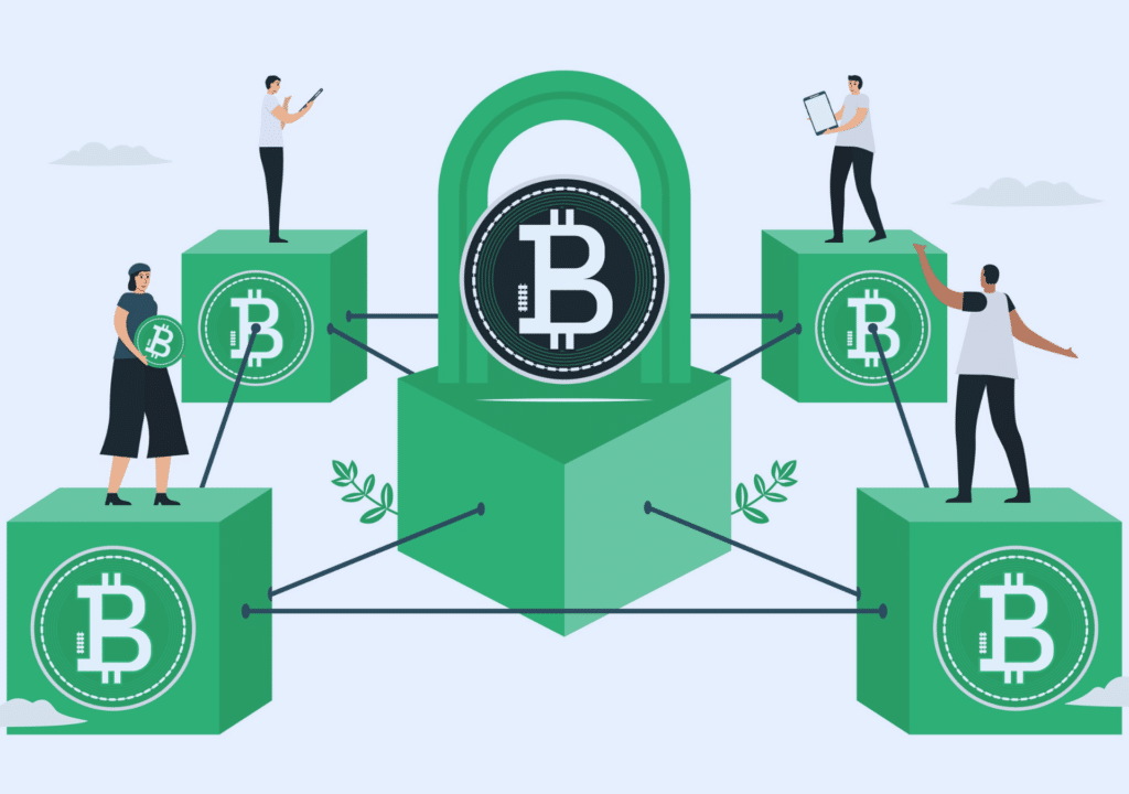 green bitcoin blockchain with illustrated people standing on top of blocks