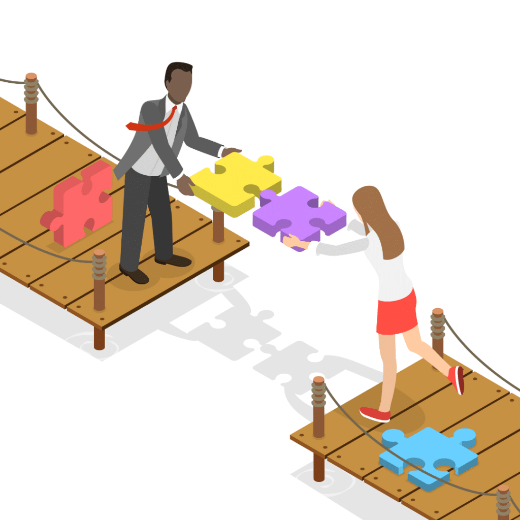 two people exchanging puzzle pieces on a blockchain bridge