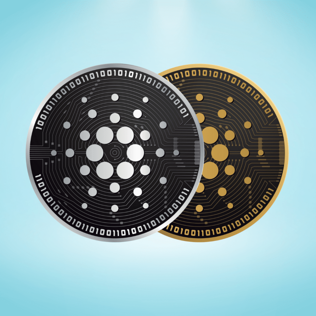 a silver and gold cardano coin side by side