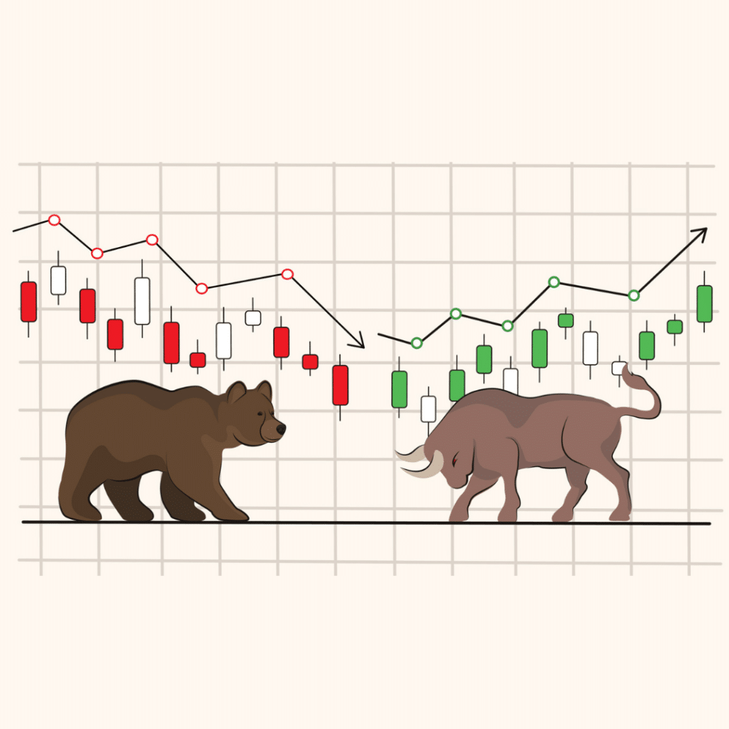 a bull and a bear on a graph depicting stocks