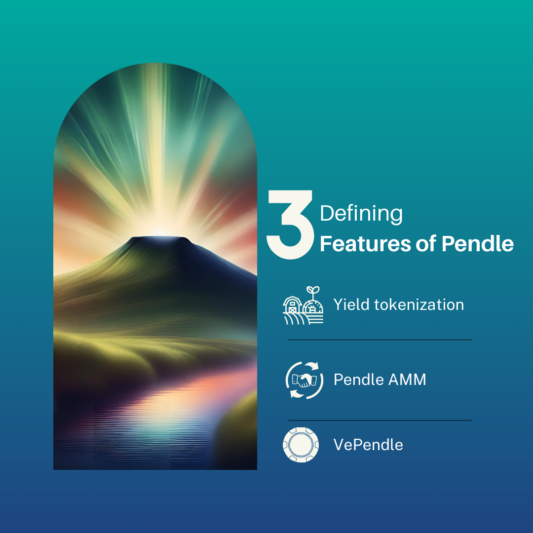 Here are the 3 defining features of Pendle: yield tokenization, Pendle AMM, and VePendle. Read the full article to learn more about Pendle.