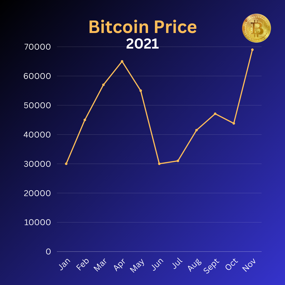 Bitcoin prices from January - November 2021. Read the full article on catching up with crypto to get a full idea of the need-to-know events since the end of 2020.