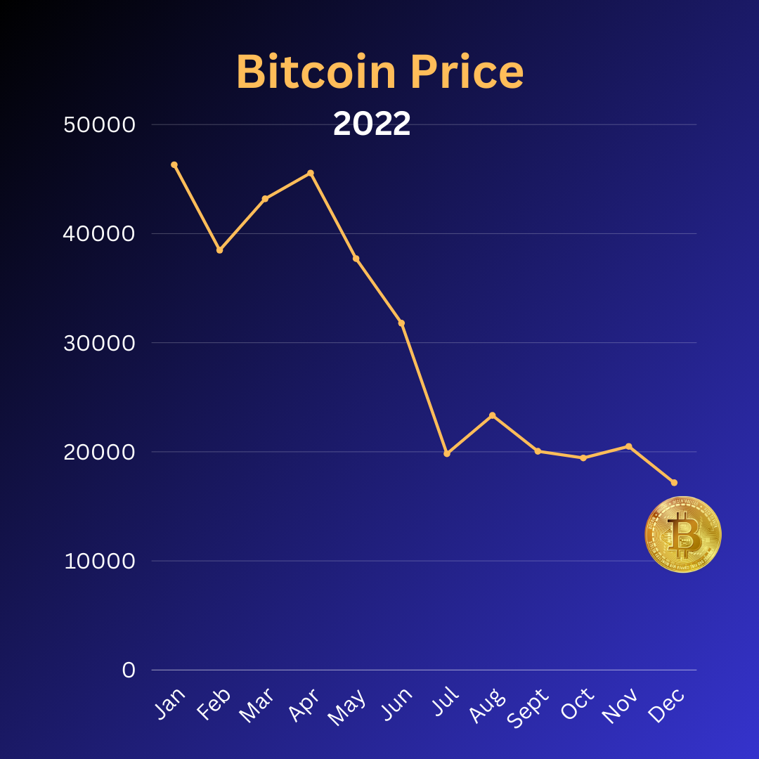 Bitcoin prices from January - December 2022. Read the full article on catching up with crypto to get a full idea of the need-to-know events since the end of 2020.