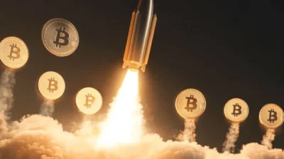 A rocket with the Bitcoin symbol taking off break