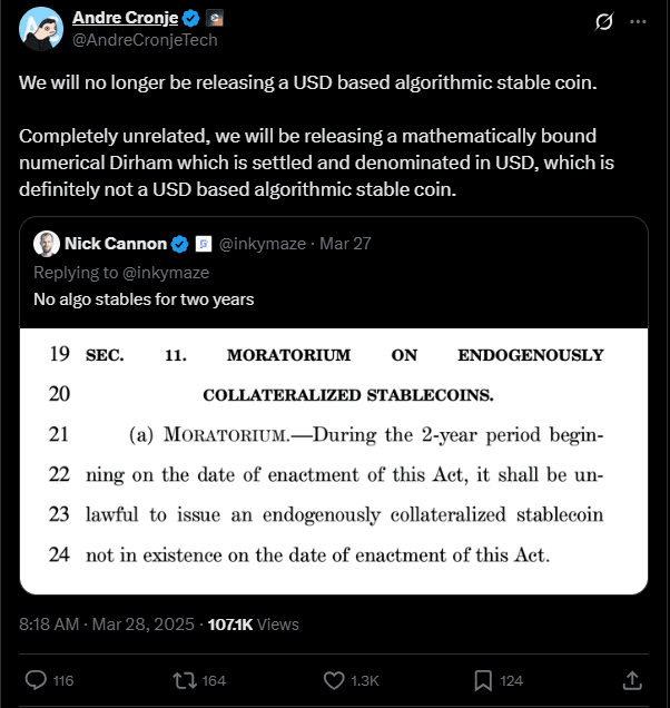 We will no longer be releasing a USD algorithmic stable coin.