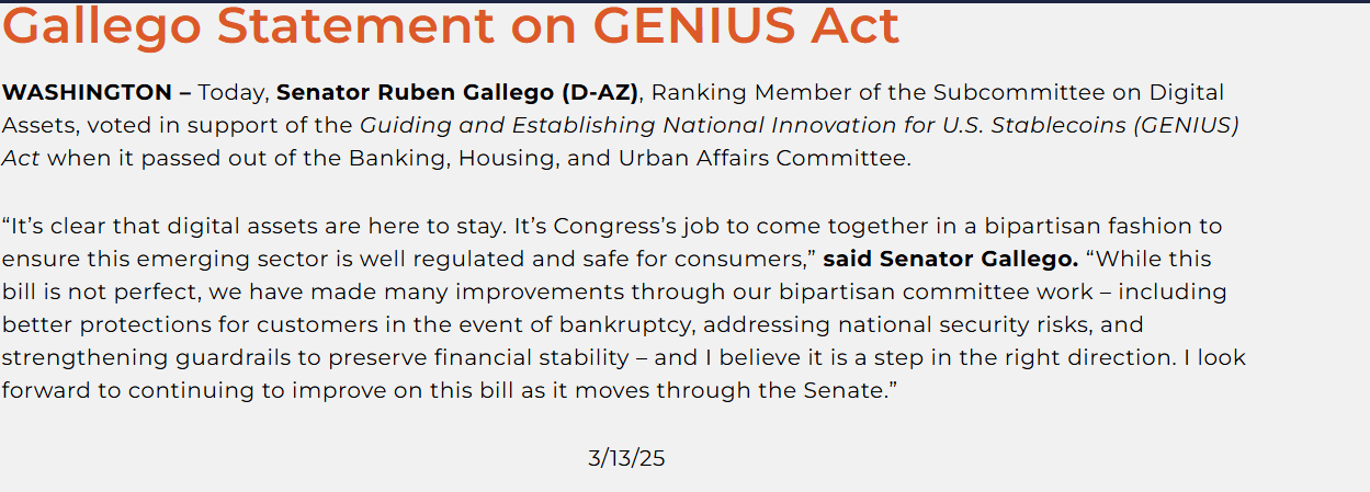 Gallego Statement on Genius Act